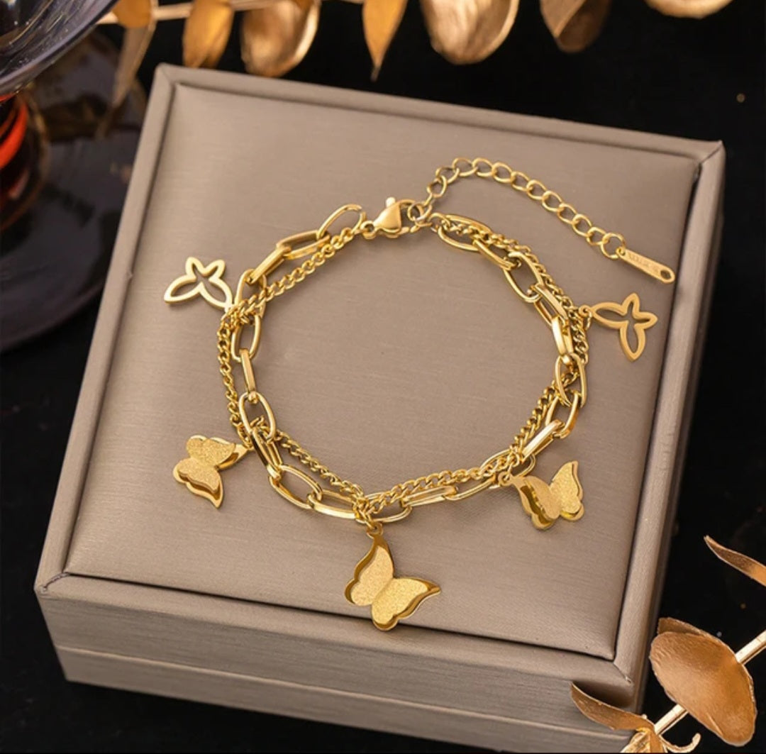 18k Fashion Jewelry Zircon Butterfly Heart Clover Gold chain Stainless Steel Bracelet Bangles for Women waterproof.